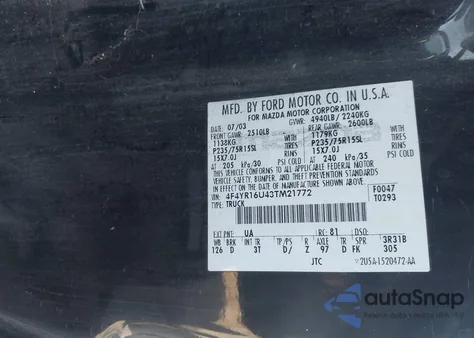 2003 Mazda B3000 Ds z USA, uszkodzony, nr VIN 4F4YR16U43TM21772